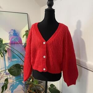 Red cropped cardigan with rhinestone buttons. jessica simpson Size M